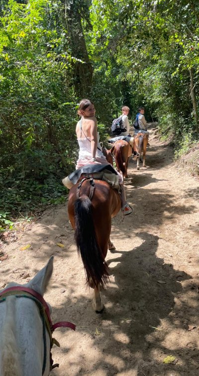 Team of volunteers trekking on horseback.