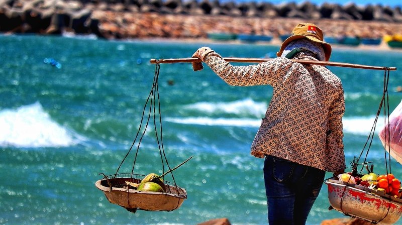 Vietnamise lady carrying rice